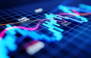 Close up und fokussierte Börse Business Investment Candlestick Chart - Wirtschaft und Handel Konzept. 3D-Illustration.