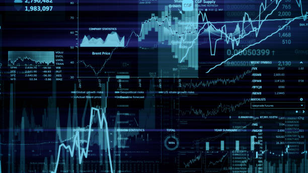 3D rendering of stock indexes in virtual space. Economic growth, recession. Electronic virtual platform showing trends and stock market fluctuations